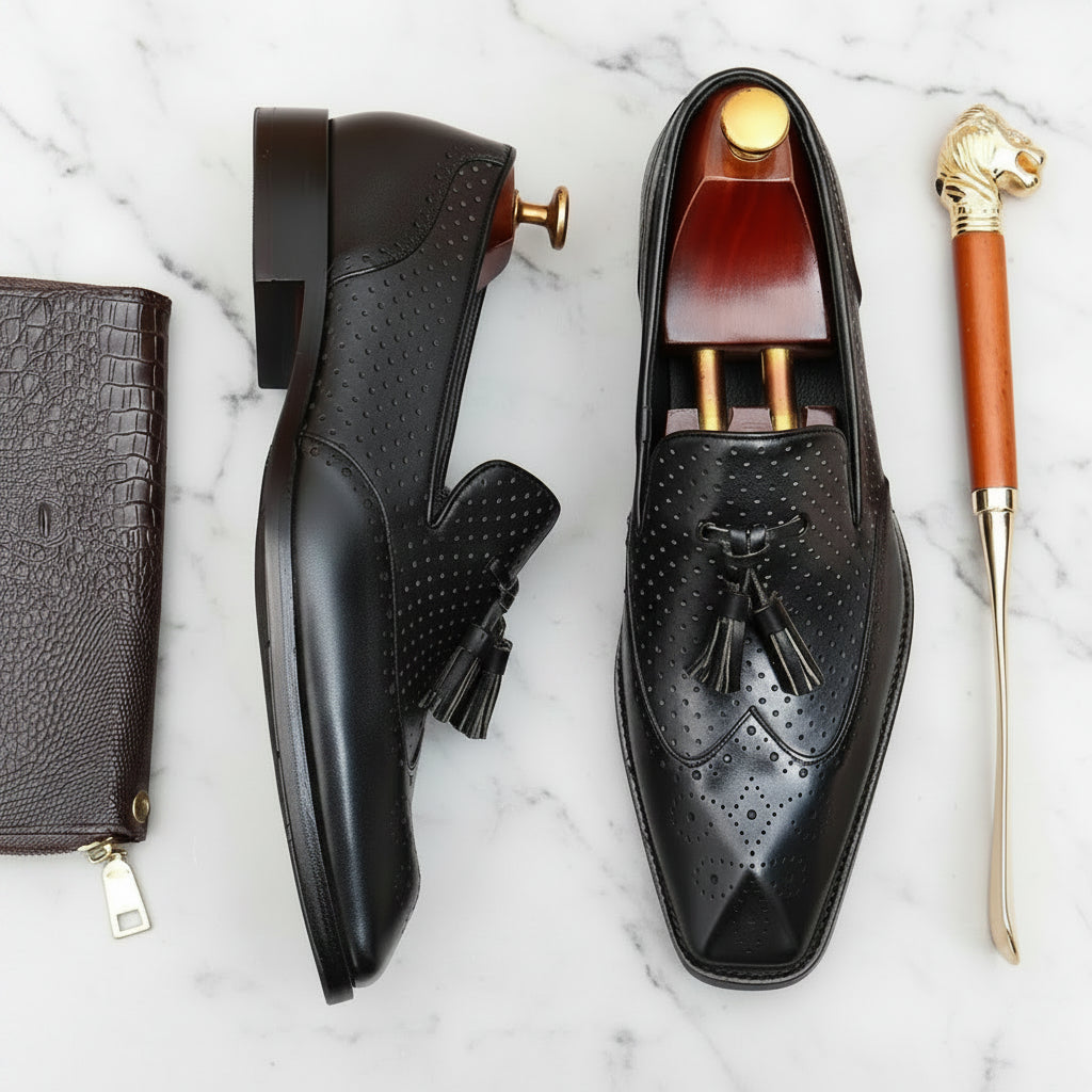 Male Tassel Formal Business Loafers Summer Hollow Out Breathable Genuine Leather Shoes for Men Shallow Casual Oxford Shoes