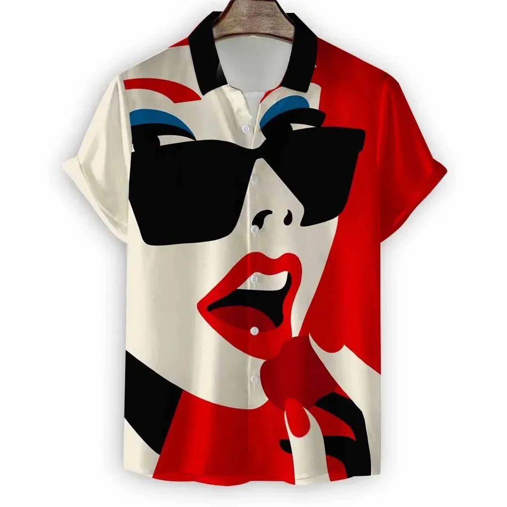 2024 New Beach Modern Girls Print Men's Shirt Casual Fashion Shirt Button Lapel Streetwear Oversized Men's Short Sleeve Shirt
