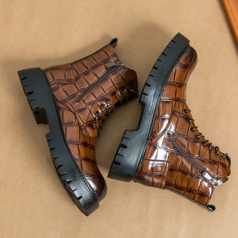 Luxury Brand Men's Autumn and Winter Crocodile Leather Side Zipper High Top Boots Fashionable New Men's Comfortable Short Boots