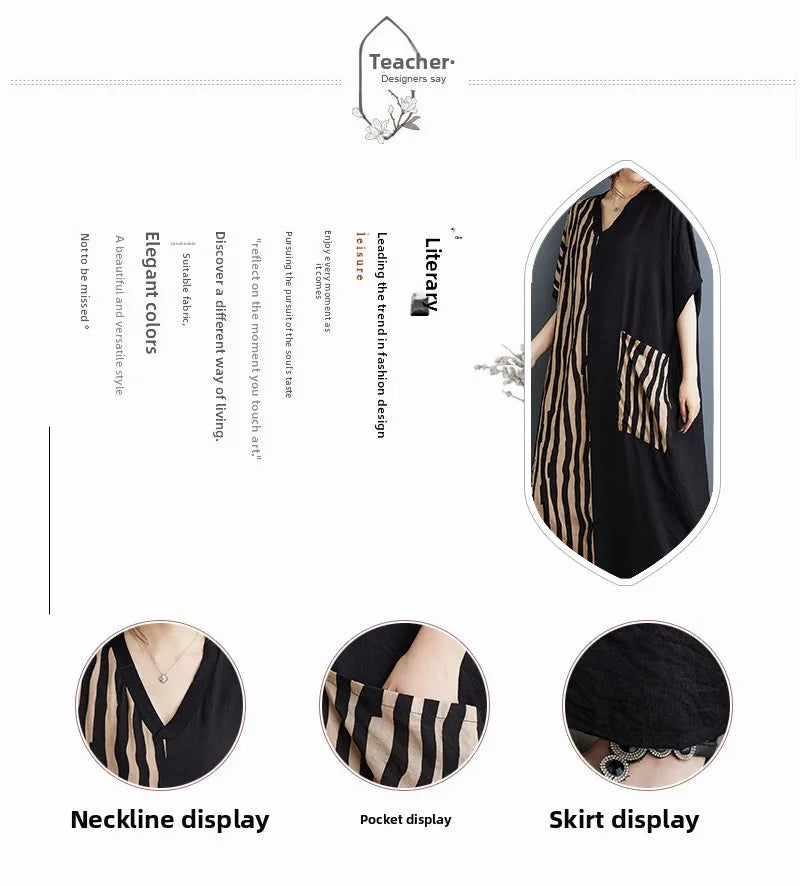 Long V-Ne ort Sve Printed Slimming Cotton Linen Dr Color Blo Casual Loose Fit Summer Faion plus Size Women