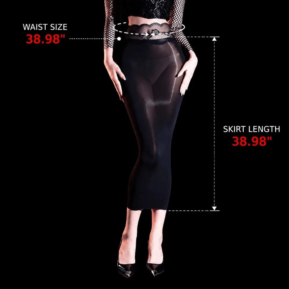 5D Ultrathin Hip Pencil Skirts Elastic Lift Butt Oil Glossy Shiny Bodycon Dresses Sheer High Lace Waist Sheer Wrap Skirts Women