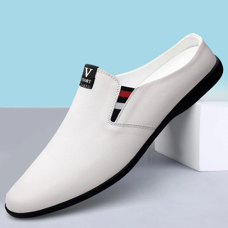 Men's Leather Black Half Leather Shoes Fashion Non-slip Half Trailer Men Sandals Moccasin Breathable Soft Flats Men Driving Shoe