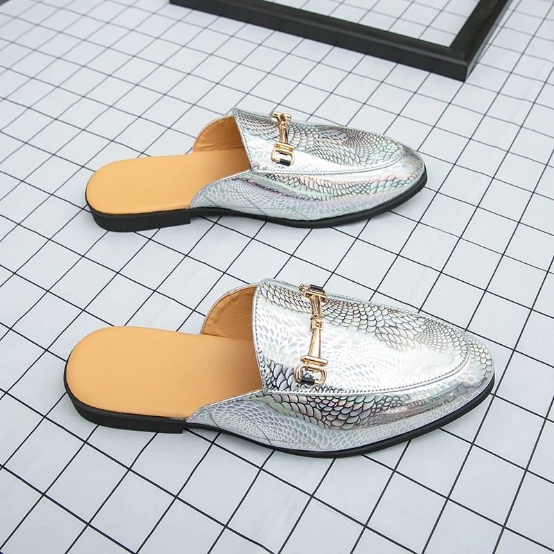 Fashion Brand Men's Cool Snake Skin Pattern Comfortable Half Back Leather Shoe Summer Men Breathable Bottom Casual Leather Shoes