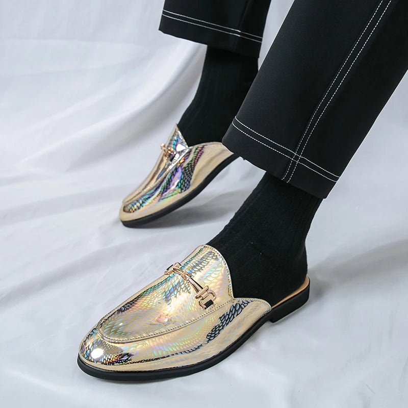 Fashion Brand Men's Cool Snake Skin Pattern Comfortable Half Back Leather Shoe Summer Men Breathable Bottom Casual Leather Shoes