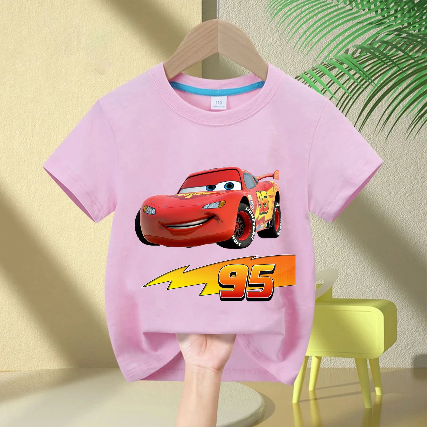 2025 Summer New Disney Cars Lightning McQueen around short-sleeved boys and girls summer 100% cotton all-match T-shirt clothes