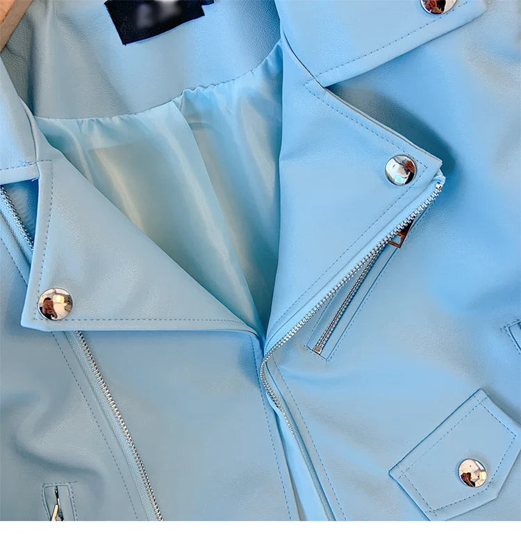 Blue PU leather jacket for women's spring autumn short Street style 2025 new retro motorcycle Leather Coat top