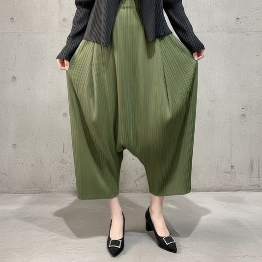 LANMREM Summer New Women's Pleated PantsHarem Drop-Crotch Ankle Length Pants Elastic High Waist Loose Fit Trousers 2DB8026