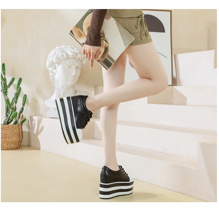 12cm Genuine Leather Platform Wedge Chunky Sneaker Hidden Heels Casual Breathable New Spring Autumn High Brand Vulcanize Shoes