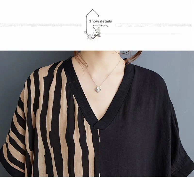 Long V-Ne ort Sve Printed Slimming Cotton Linen Dr Color Blo Casual Loose Fit Summer Faion plus Size Women