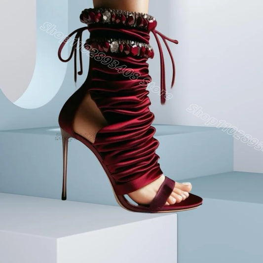 Crimson Crystal Decor Pleated Boots Open Toe Stylish British Style Design for Women Party Dress Boots 2025 Zapatos Para Mujere