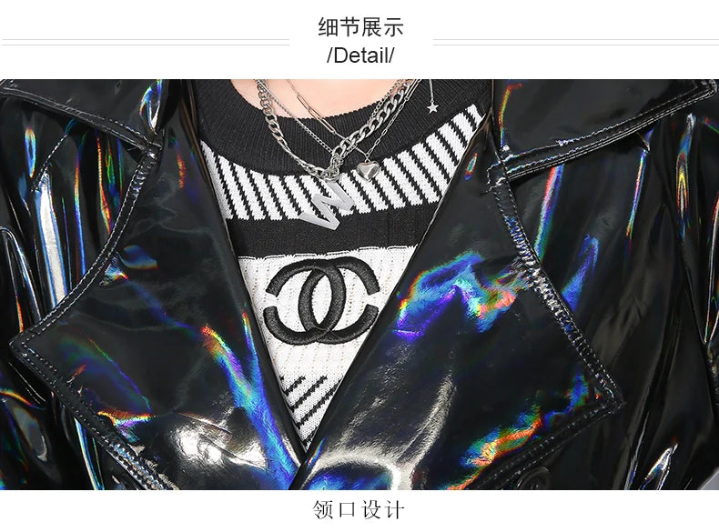 Nerazzurri Autumn Extra Long Black Holographic Shiny Reflective Stretchy Soft PVC Leather Trench Coat for Women European Fashion