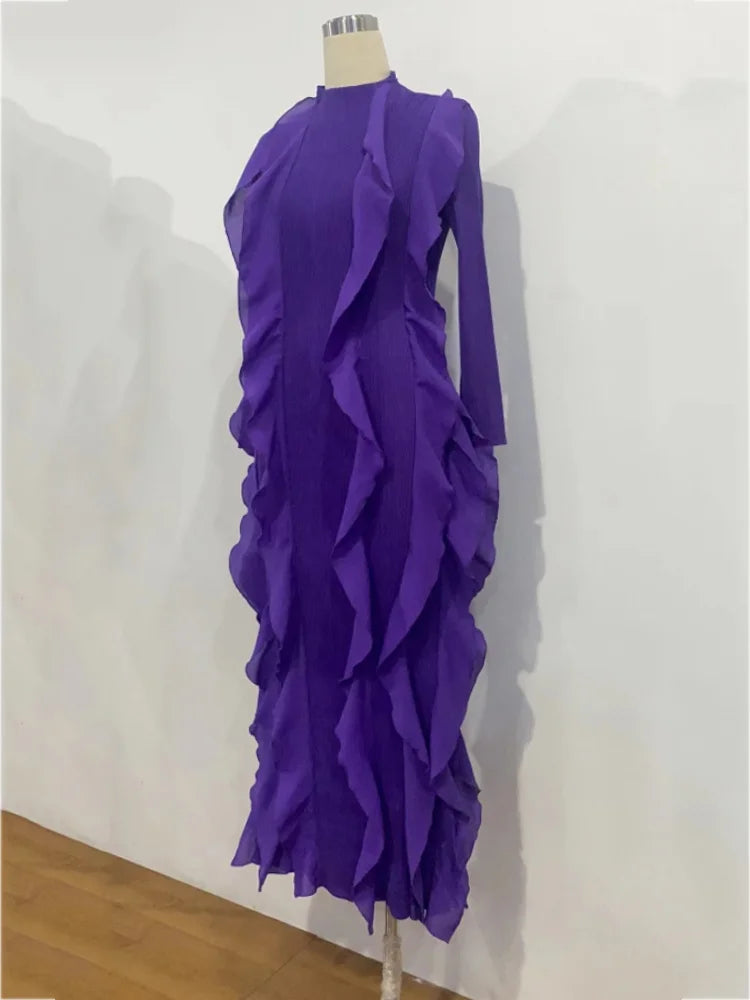 Miyake Pleated Fashion Dress O-Neck Long Sleeve Spliced Ruffles New 2023 Summer Evening Party Clothing Lady Middle East HotSales