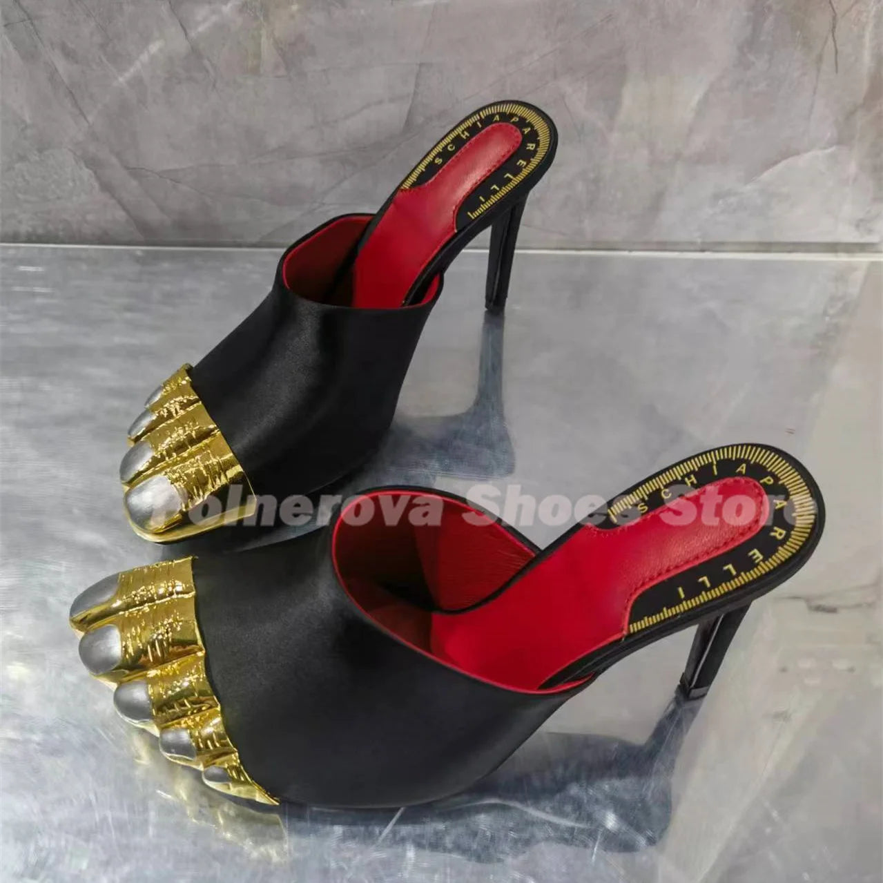 Gold Brass Toes Mules Women Slippers Stiletto Ankle Straps Summer Suede Ladies Summer Stiletto High Heels Luxury Brand Sandals
