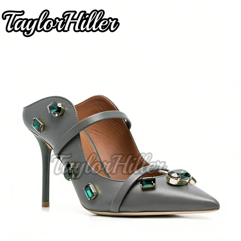 New Double Strappy Mule Sandals Gemstone Stiletto Pointy Toe High Heels Women Pull On Slip On Shoes Spring Summer Outer Slippers