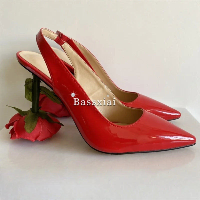 Unique Rose Flower Heel Women Pumps Genuine Leather Slingbacks Sexy Pointed Toe Dress Shoes For Girls