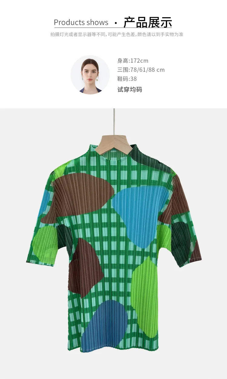 Miyake Elegant Green Plaid Color Block Print Pleated Top Mock Neck Half Sleeve Elastic Tee Daily Commute Office