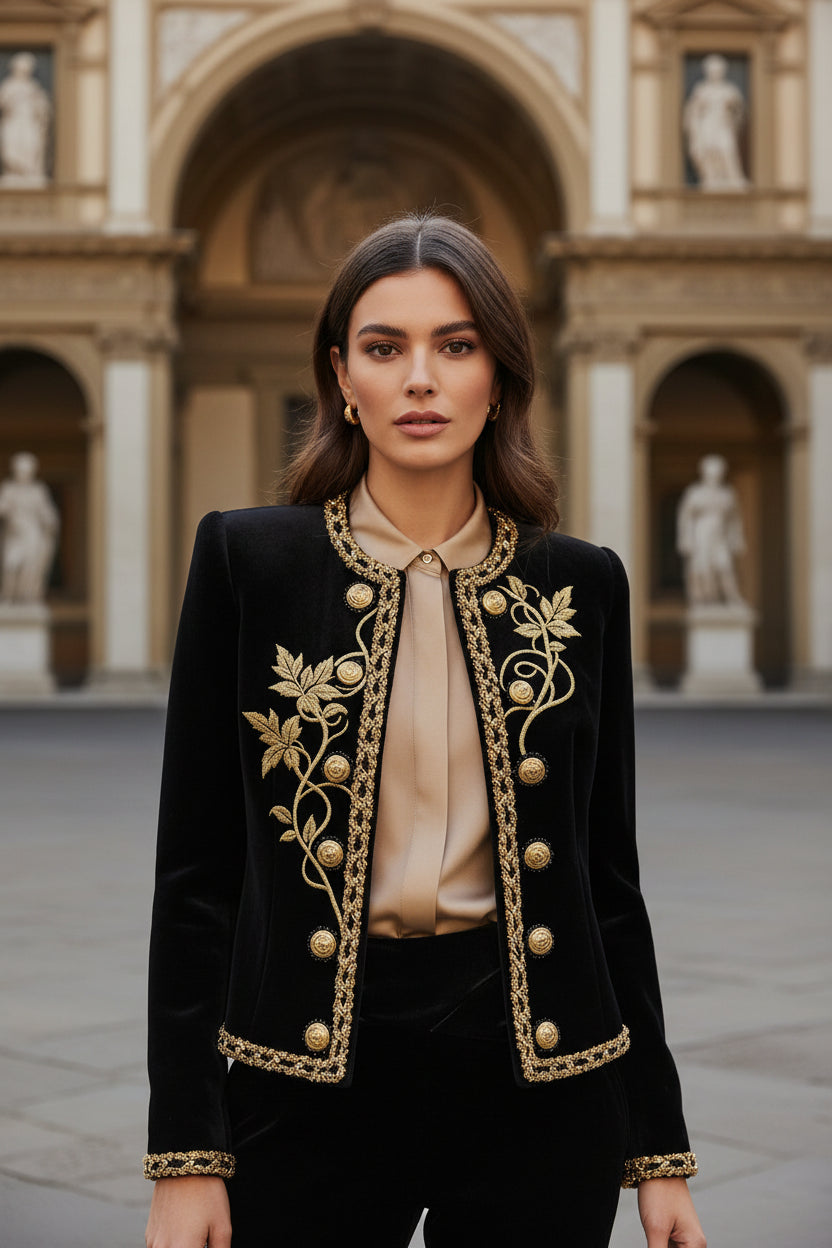Modigirl Woman Gold Embroidered Jackets 2026 New Velvet Long Sleeve Round Neck Button Christmas Holiday Ladies Coat