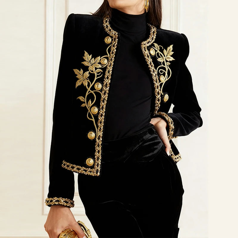 Modigirl Woman Gold Embroidered Jackets 2026 New Velvet Long Sleeve Round Neck Button Christmas Holiday Ladies Coat