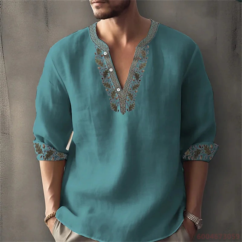 2026 Summer New Men's Fashion Printed Shirt, Henley Collar, Long Sleeve, Ethnic Style, Loose Fit, Breathable, Casual Men's Top
