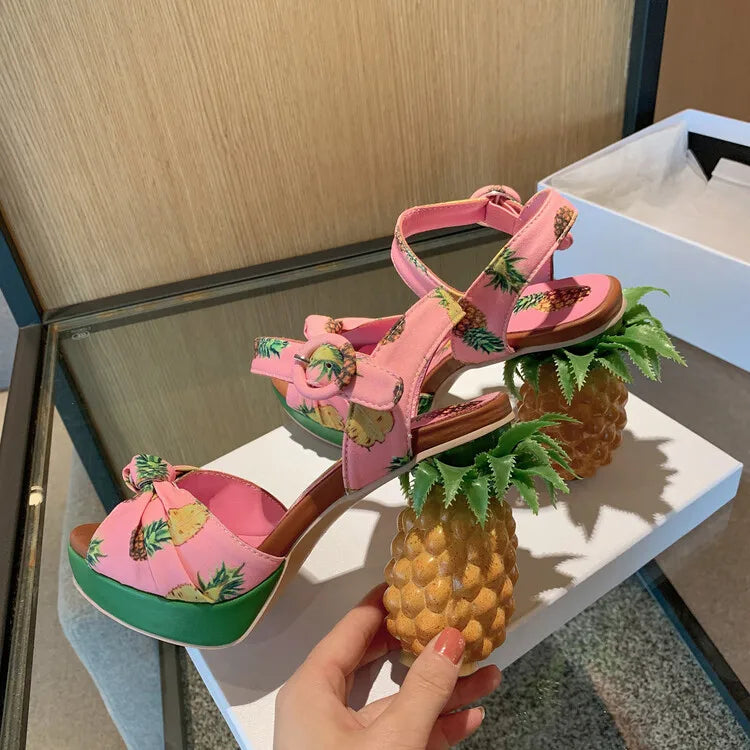 Sweet Lady Pineapple Heels High Heels Women's Thick Bottom Water Platform Printed Fabric Personalized Ultra High Heels Oversize