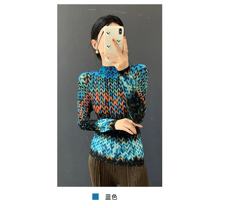 Miyake Pleated 2026 Spring and Summer New Fashion Tops Women's Long-sleeved Half-high Collar Printed T-shirt Bottoming Shirt