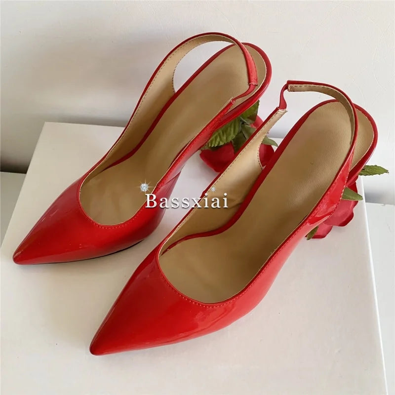 Unique Rose Flower Heel Women Pumps Genuine Leather Slingbacks Sexy Pointed Toe Dress Shoes For Girls