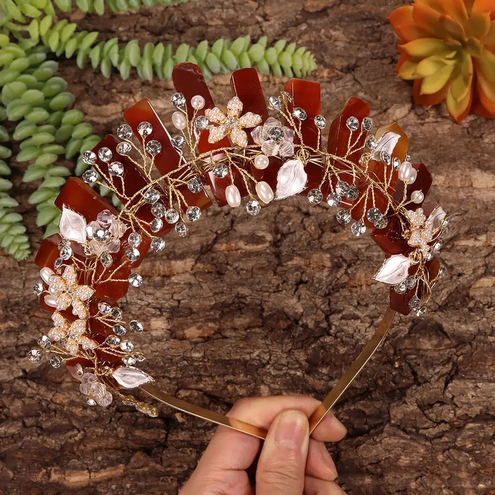 Natural Amethyst Quartz Crown Raw Stone Wand Hairpin with Flower Rhinestone Hand Crafted Women Hair Band for Party Birthday Gift