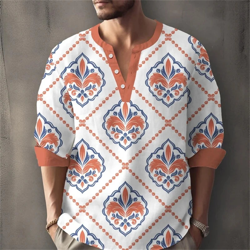 Men's Long-Sleeved Shirt for Summer Vacation, Featuring a Color-Blocked Geometric Print and Henley Collar; Stylish Men's Shirt.