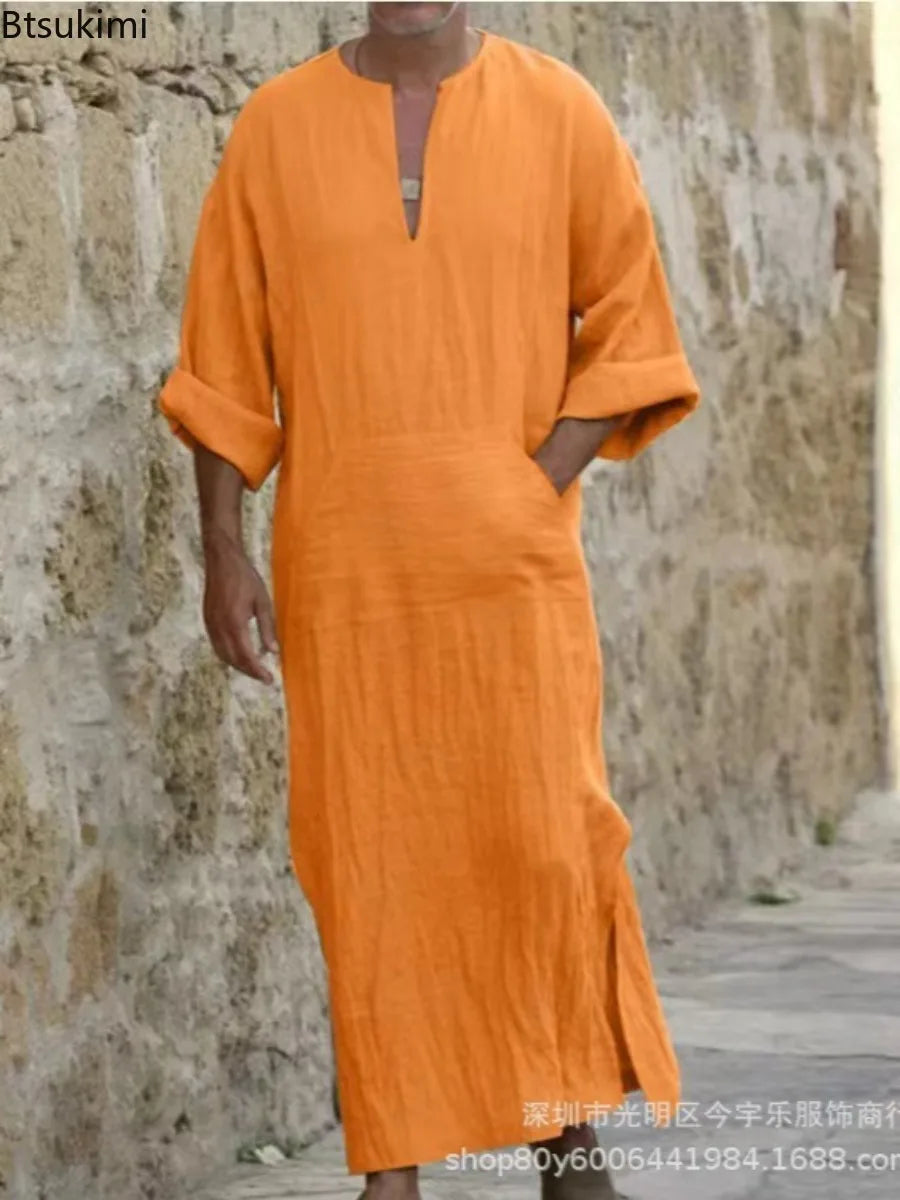 New 2026 Men Cotton Linen Long T-shirts Muslim Solid Casual Abayas Men Jubba Thobe Kaftan Arab Islamic V-neck Long Sleeve Robes