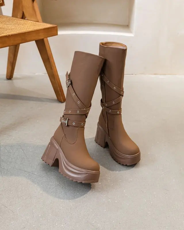 Fujin 10cm Microfiber Women Boots British Boots ZIP Synthetic Leather Ankle Spring Platform Wedge Knee High Fashion Autumn Shoes