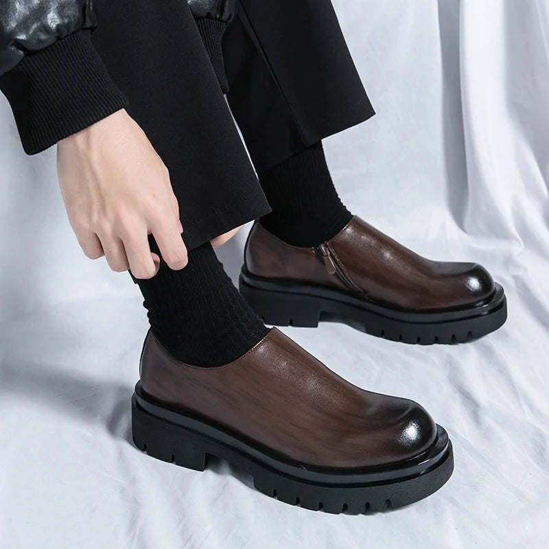 Spring New Men's Side Zipper Comfortable Cowhide Oxford Shoes Fashion Brand Classic Brown Men's Breathable Casual Leather Shoes