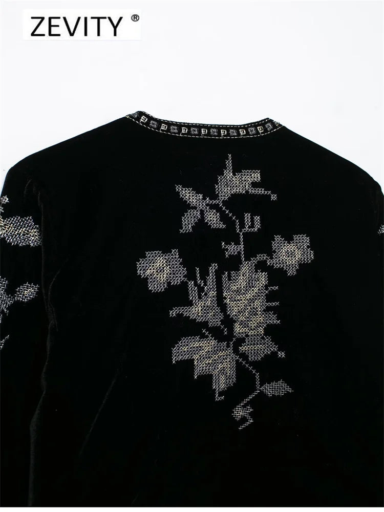 Elegant, Korean Zevity New Women Vintage O Neck Geometric Floral Embroidery Short Velvet Coat Office Lady Long Sleeve Outwear Jacket Tops CT7352