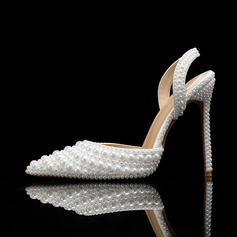 Luxury Handmade Full Pearls Wedding Women Pumps Elegant Pointed toe Slingbacks high heels Fashion Summer Party Bridal Shoes