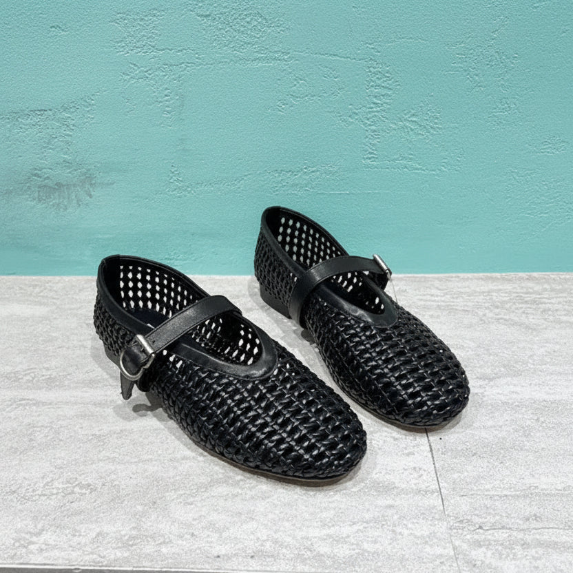 In style Fashion Summer Woven Women Ballet Flats Breathable Hollow out Mary Janes Leather Lazy Walking Loafers Girls Shoes