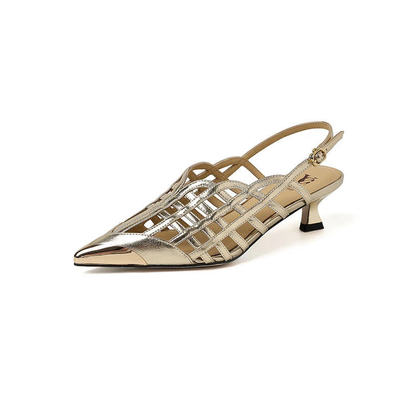 Sexy Real Leather Sandals Women Covered Metal Head Toe Narrow Band Sandals Ladies Party Dating Summer Med Heels