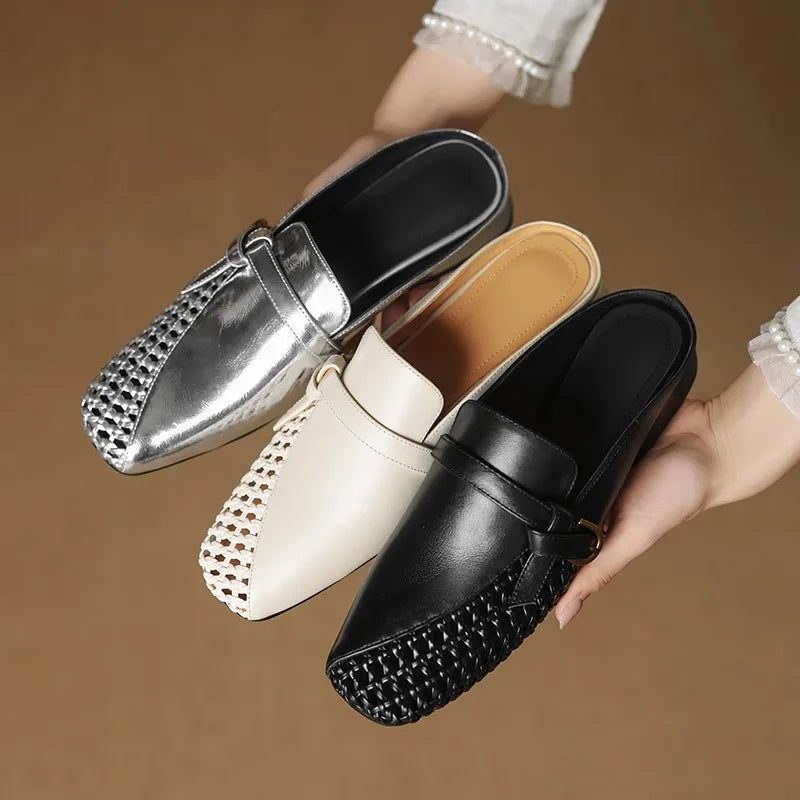 Dilalula 2025 Genuine Leather Hollow Women Mules Covered Toe Low Thick Heels Casual Slippers Ladies Summer Walk Belt Mesh Slides