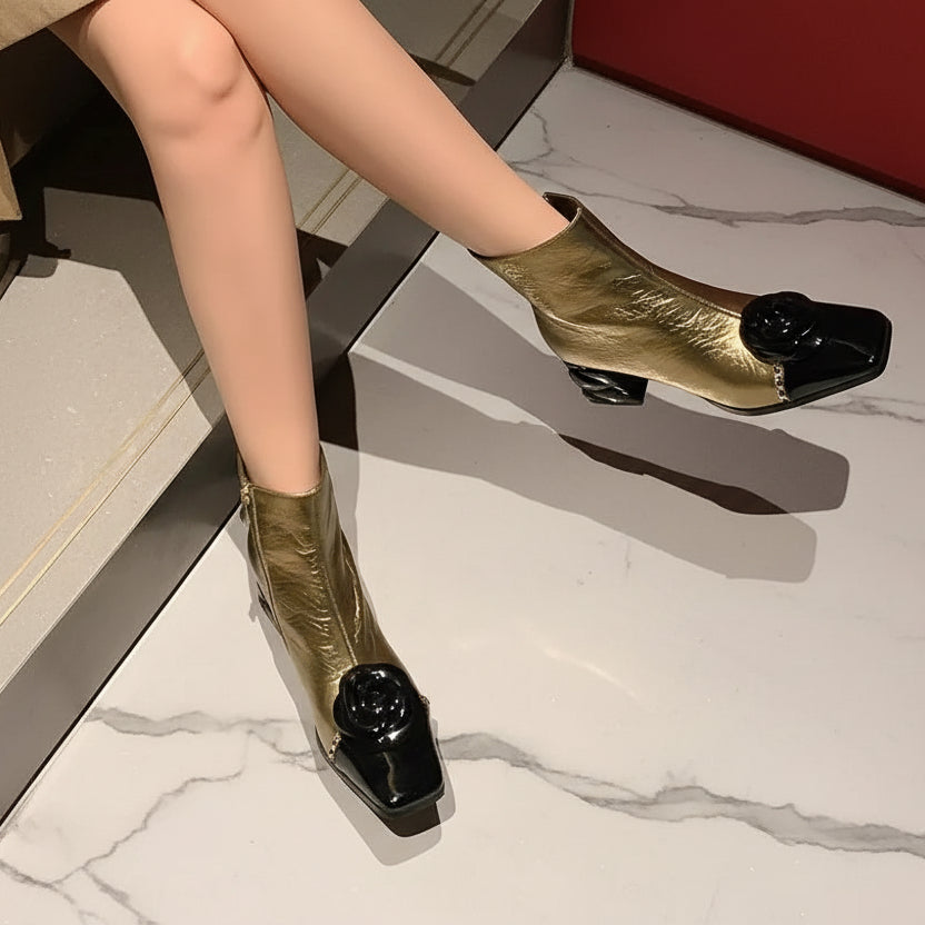 Genuine Leather Flower Metal Chain Short Boots Women Thick High Heels Young Ladies Mixed Color Boots Party Dating