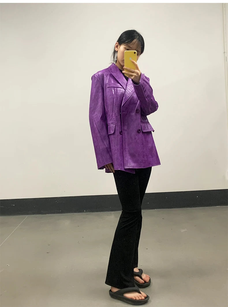 Mauroicardi Autumn Soft Luxury Matte Purple Crocodile Print Pu Leather Blazer Jacket Women Loose Casual Korean Fashion Clothes