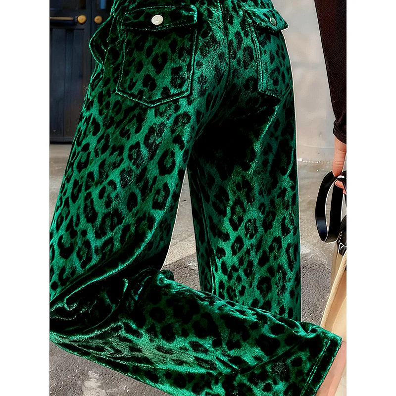Limiguyue Green Leopard Velvet Pants Pocket Women High End Ankle-Length Trousers Slim Waist Casual New Straight Pant Winter 924A