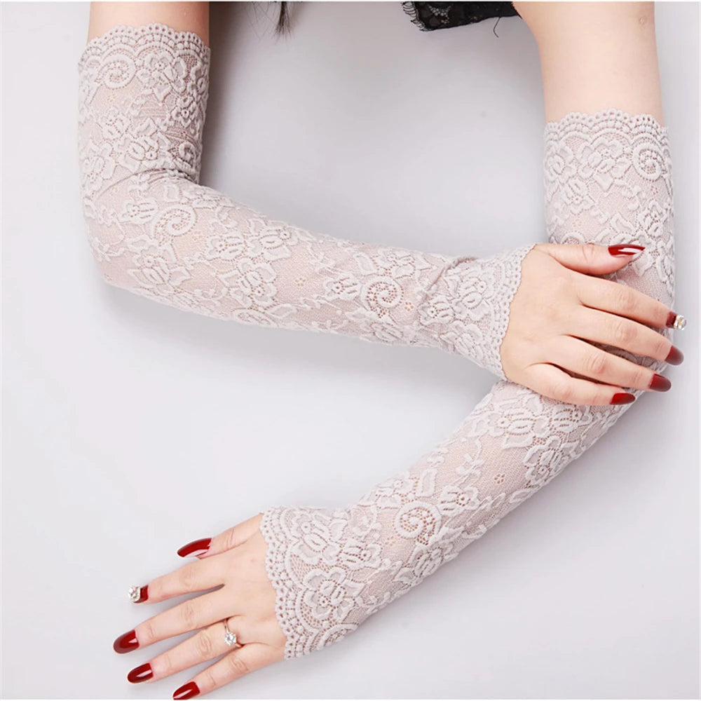 1 Pair Classic Summer Sunscreen Lace Arm Sleeve Mittens Ice Arm Cuffs Fingerless Driving Gloves Arm Cover