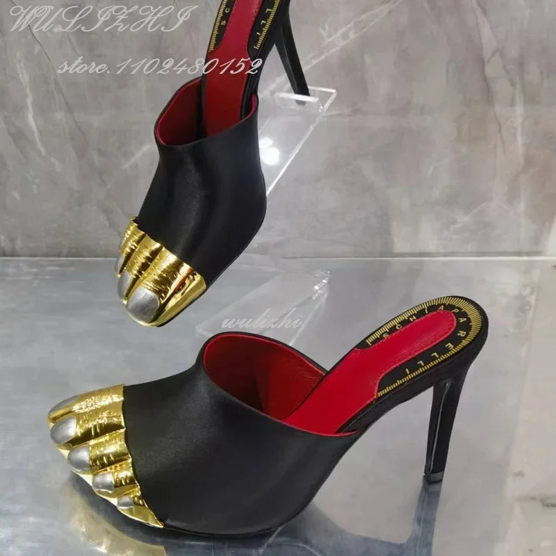 Black Strappy Gold Round Toe Five-Finger Sandals Girl Stiletto Ankle Straps Summer Suede Hollow Heels Catwalk Street Style Shoes