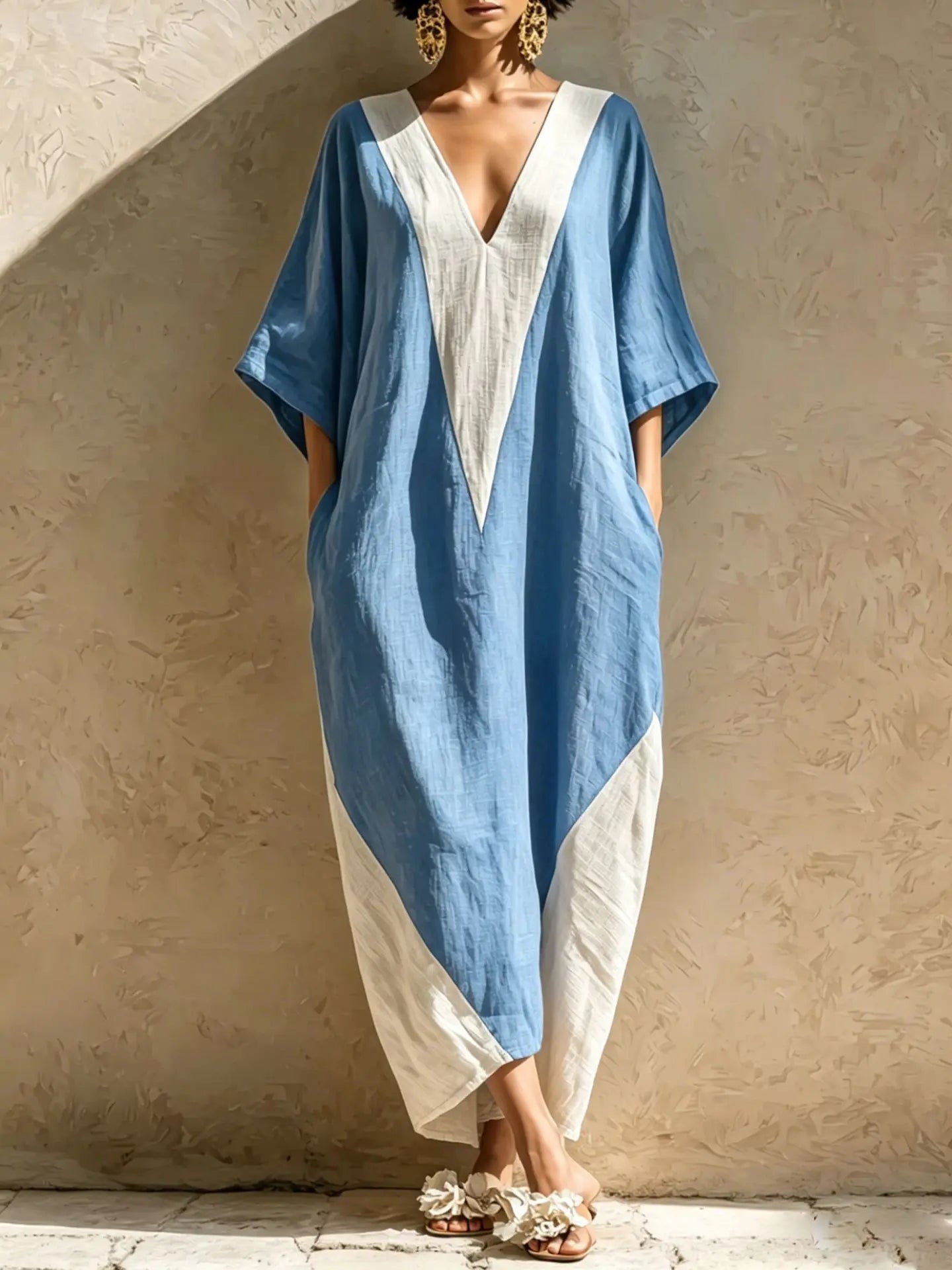 Summer Women Cotton Linen Long Dress 2026 Color Blocking Patchwork Batwing Sleeve V Neck Loose Pocket Dress Beach Sundress