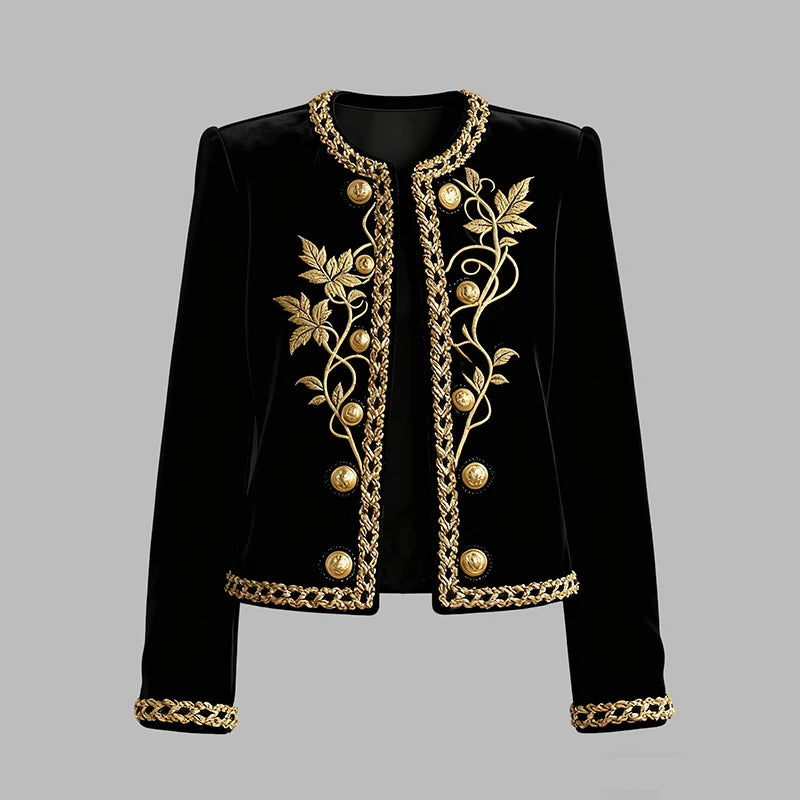 Modigirl Woman Gold Embroidered Jackets 2026 New Velvet Long Sleeve Round Neck Button Christmas Holiday Ladies Coat