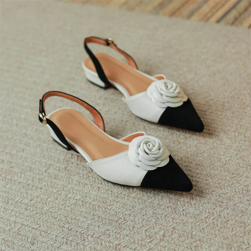 Dilalula Summer Genuine Leather Covered Toe Flower Sandals Ladies Sweet Low Thick Heels Elegant Flower Mixed Color Dress Shoes