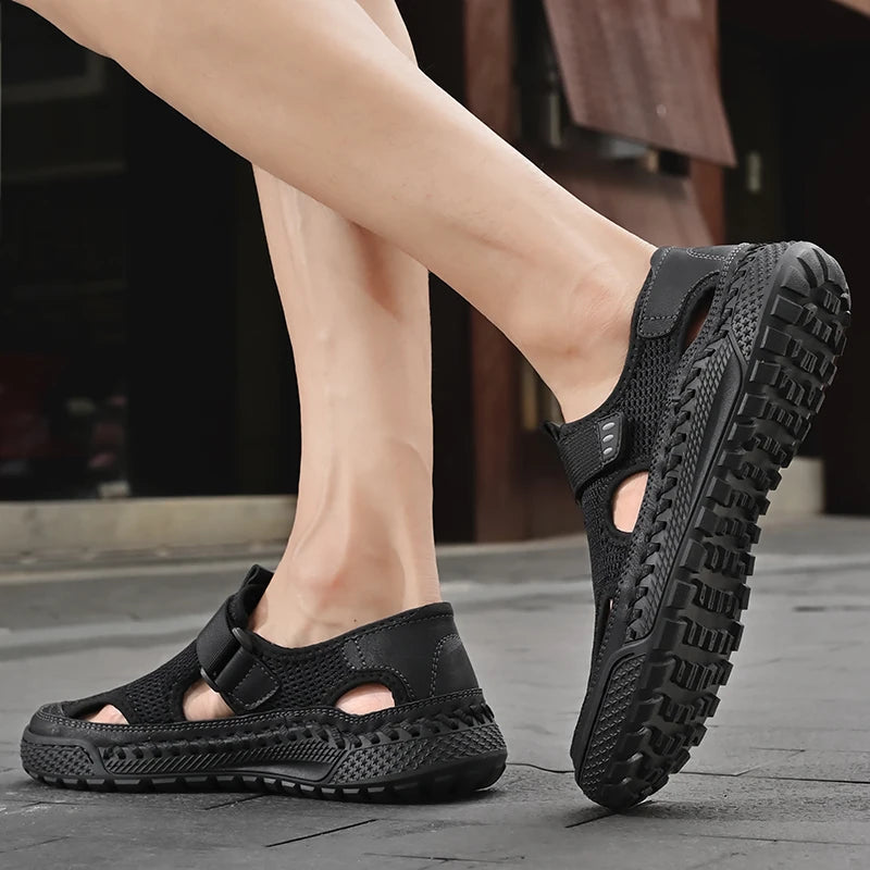 Brand Mesh Leather Men Summer Loafers Breathable Driving Shoes Moccasins Hollow Out Male Cool Lazy Shoe Leisure Walk Men Sandals