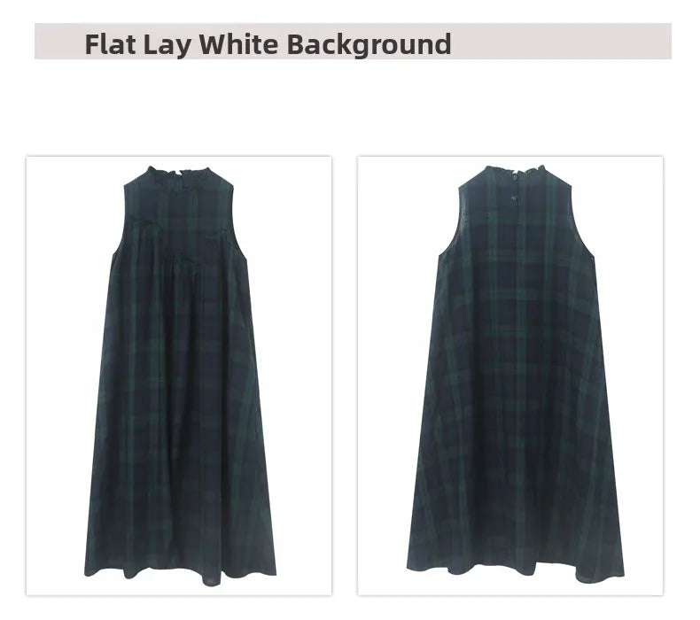 Summer 2026 Large Size Cotton Linen Plaid Vest Skirt Long Svel Dr Chest Splicing Wooden  Ear A-Line Dr