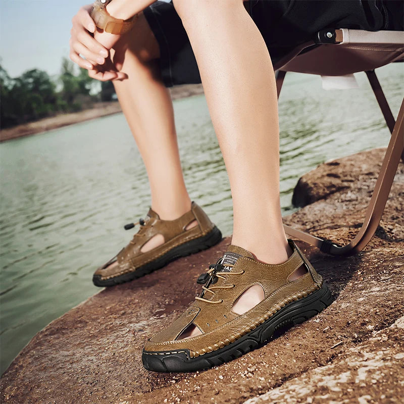 Summer Classic White Soft Bottom Handmade Stitching Beach Men's Shoes Outdoor Men's Comfortable Hollow Breathable Casual Shoes