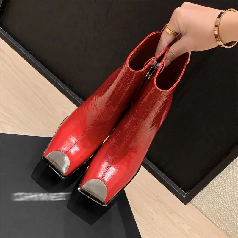 Fashion Genuine Leather women's Ankle Boots Square Metal Toe High Thick Heels Lady Party Dating Boots Women Autumn