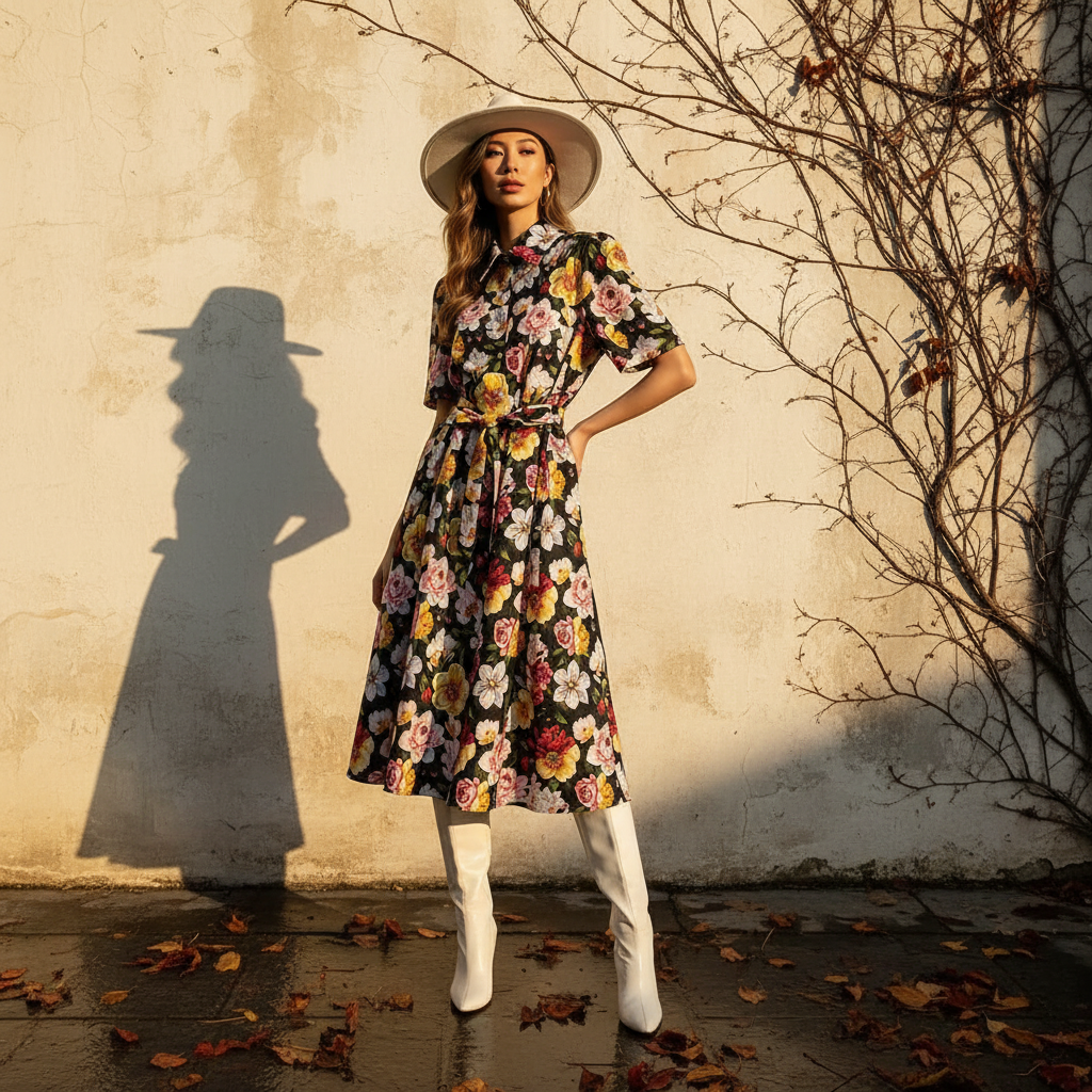 Retro print lapel single breasted slim waisted dress 2026 summer women's shirt skirt fashionable loose oversized puffy skirt