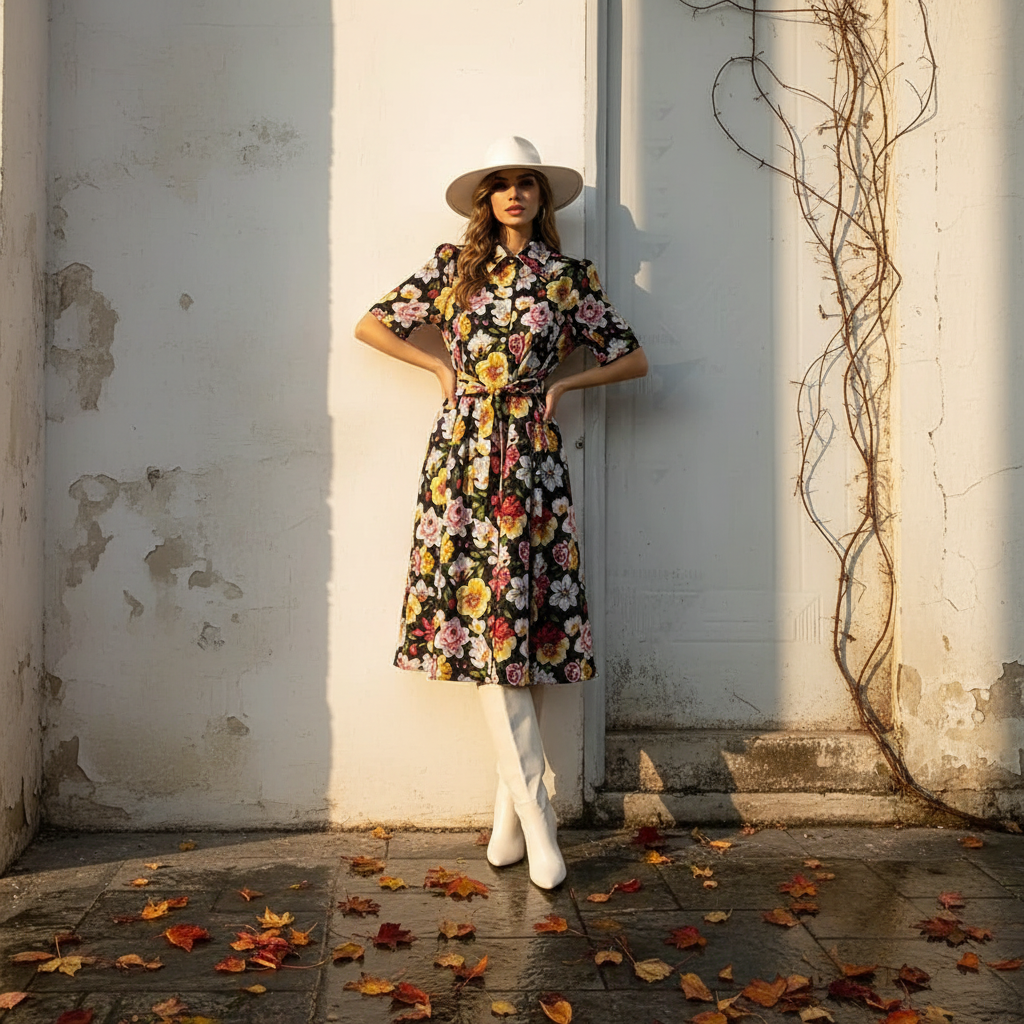 Retro print lapel single breasted slim waisted dress 2026 summer women's shirt skirt fashionable loose oversized puffy skirt